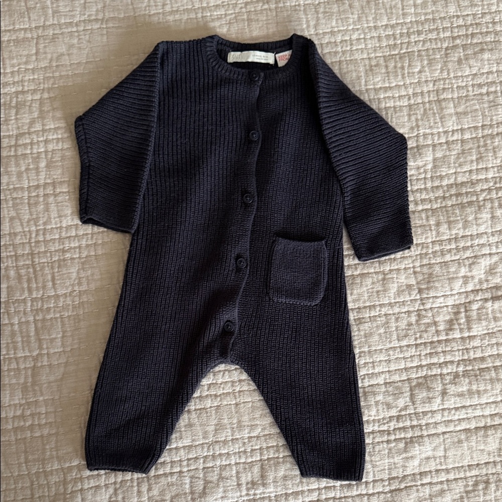 Zara Navy Knit Baby One-Piece with Pocket